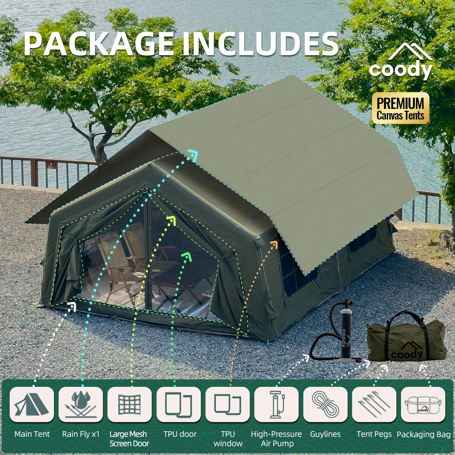 

Coody 13.6 Air Tent-Army Green Inflatable Tent Waterproof UV Protection Air Tent Inflatable Tent House