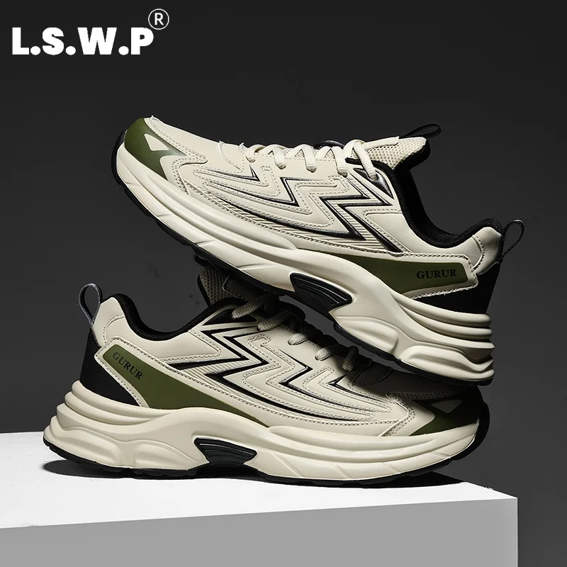 Zapatillas de running para hombre, zapatillas deportivas de estilo retro, zapatillas de cuero con diseño de bloques de color, suela gruesa, que aumentan la altura, con amortiguación, antideslizantes, resistentes al desgaste, zapatillas de running informales, ideales para ir al trabajo, caminar, viajar, hacer ejercicio, zapatillas de hombre versátiles y de moda.