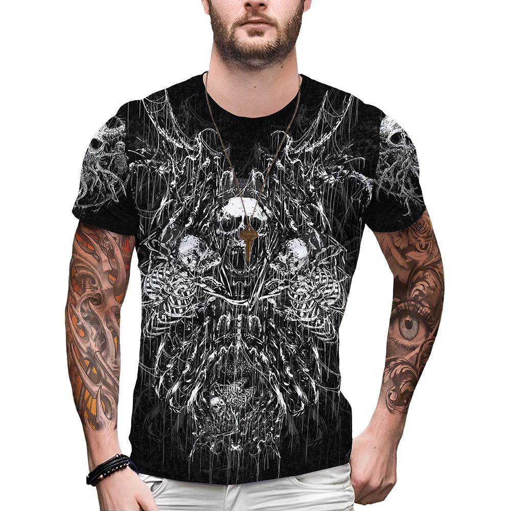 Halloween Costume Crew Neck Short Sleeve Men's TopS 3D Full Body Print Scary Spider Web Bone T-shirt Horror Graphic Clothing