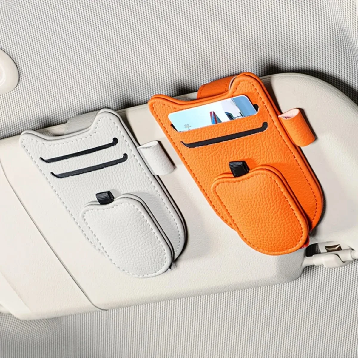 Katzenohr-Sonnenblenden-Organizer aus PU-Leder, multifunktionales Autozubehör, kompakter Halter für Brillen, Karten, Stifte – Detail 9
