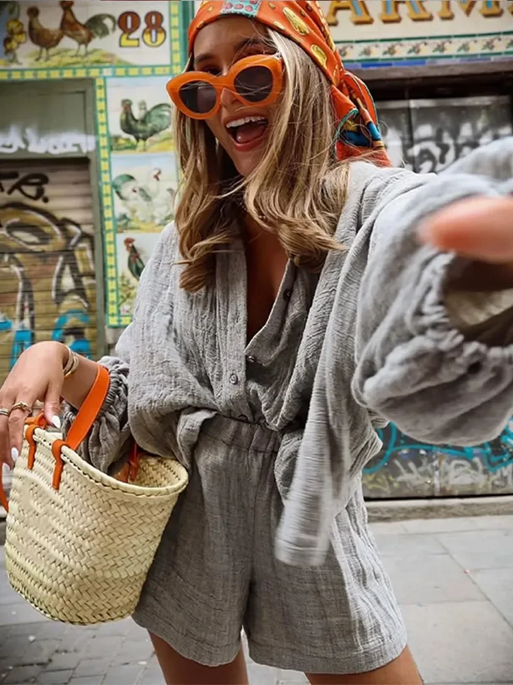 الصلبة القطن الكتان زر قميص مجموعة للنساء عادية مرونة الخصر واسعة الساق سراويل قصيرة دعوى 2025 الصيف التنقل اليومي الزي #4