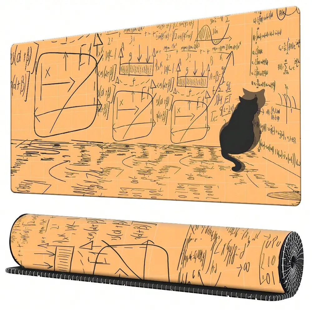 1pc Extended Large Warm Yellow Formula Manuscript Black Cat Pattern Mouse Pad, With Non-Slip Rubber Bottom And Stitched Edge Soft Fabric Keyboard Pad. Artistic