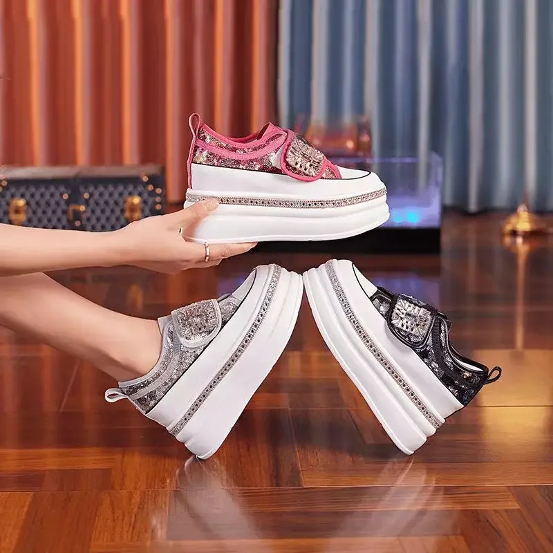 Women 8CM Platform Casual Outdoor Shoes Rhinestone Shine Decoration Sneakers Lace Walking Sport Breathable Thick Bottom Shoes