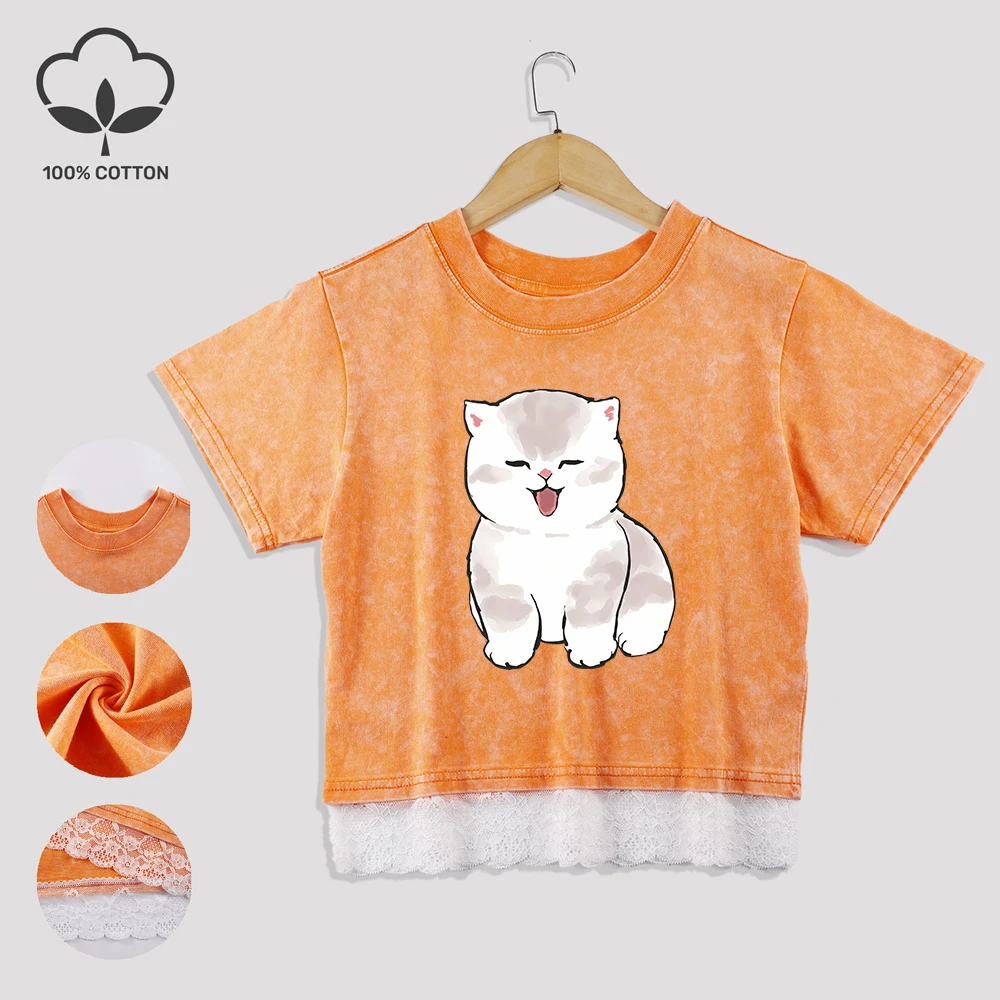 

Kawaii Cat Printing Cotton Crop Tops All-Math Summer Lace Hem Washed T-Shirts O-Neck Distressed Short Sleeve Tees Casual Clothes