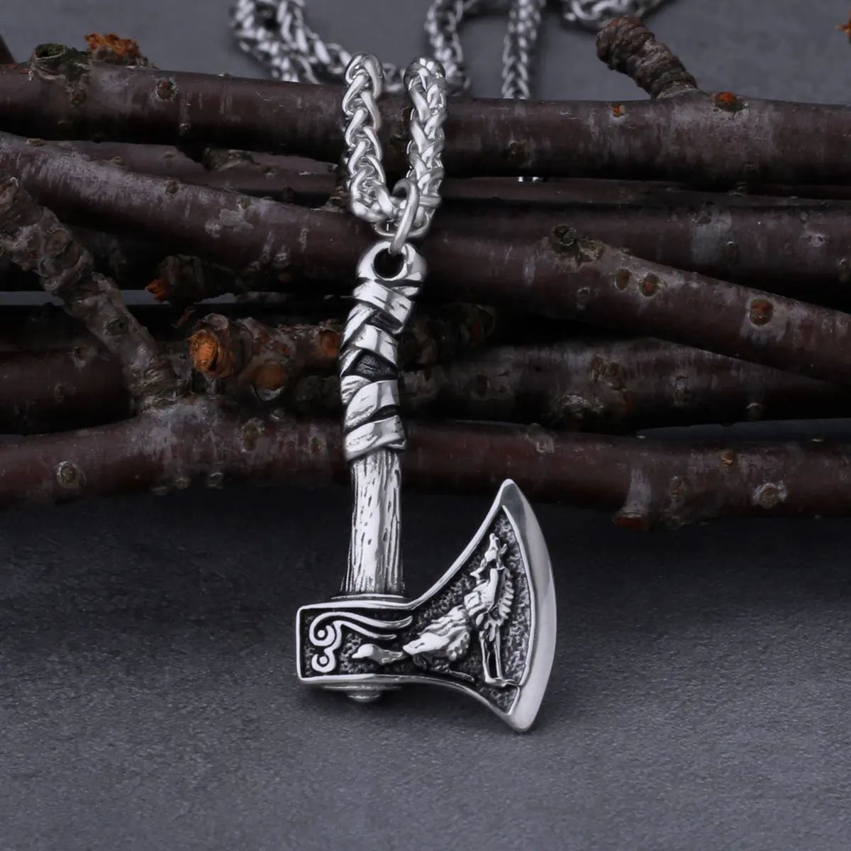 Viking Wolf and Crow Axe Pendant Retro Slavic Odin Amulet Men's Fashion Charm Stainless Steel Pendant Necklace Jewelry Gift - view 4