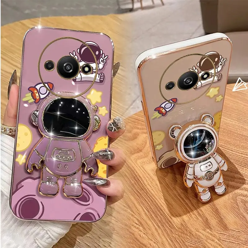 A3 Cheering Astronaut Plating Phone Holder Case For Xiaomi Redmi A3 Shatterproof Camera Protection Redmi A3 Thin Soft Back Cover