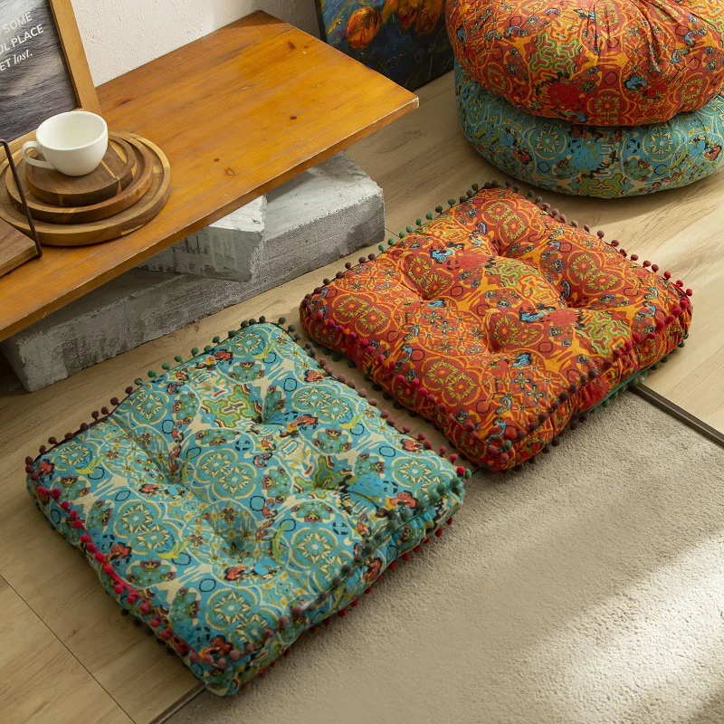 Boho Cotton Linen Square Chair Seat Cushions for Dining Kitchen Office Chairs Super Soft Printed Chair Pads with Pompom Fringe