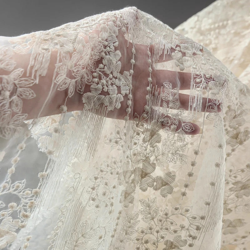 

Apricot Colored Morning Glory Flower Lace Embroidery Mesh Fabric Perspective Embroidery Dresses Wedding Dress Clothing Fabric