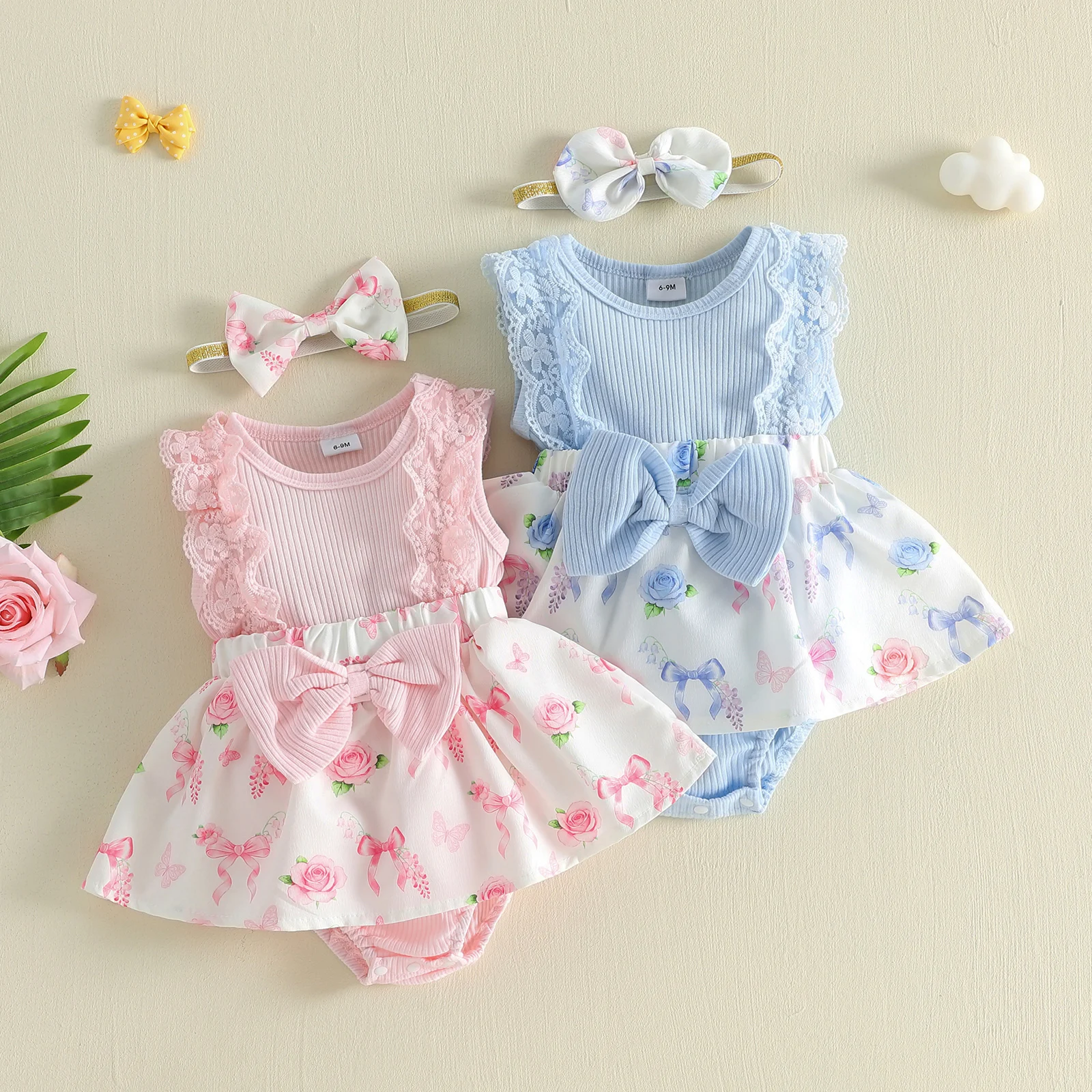 Baby Girl 2 Piece Outfit Adorable Flower Bow Print Sleeveless Round Neck Romper Dress and Bow Headband Set