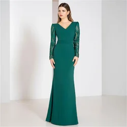 فساتين السهرة Long Lace Sleeves V-Neck Prom Dresses Green  Evening Gowns Women Party Dress Plus Size 2023