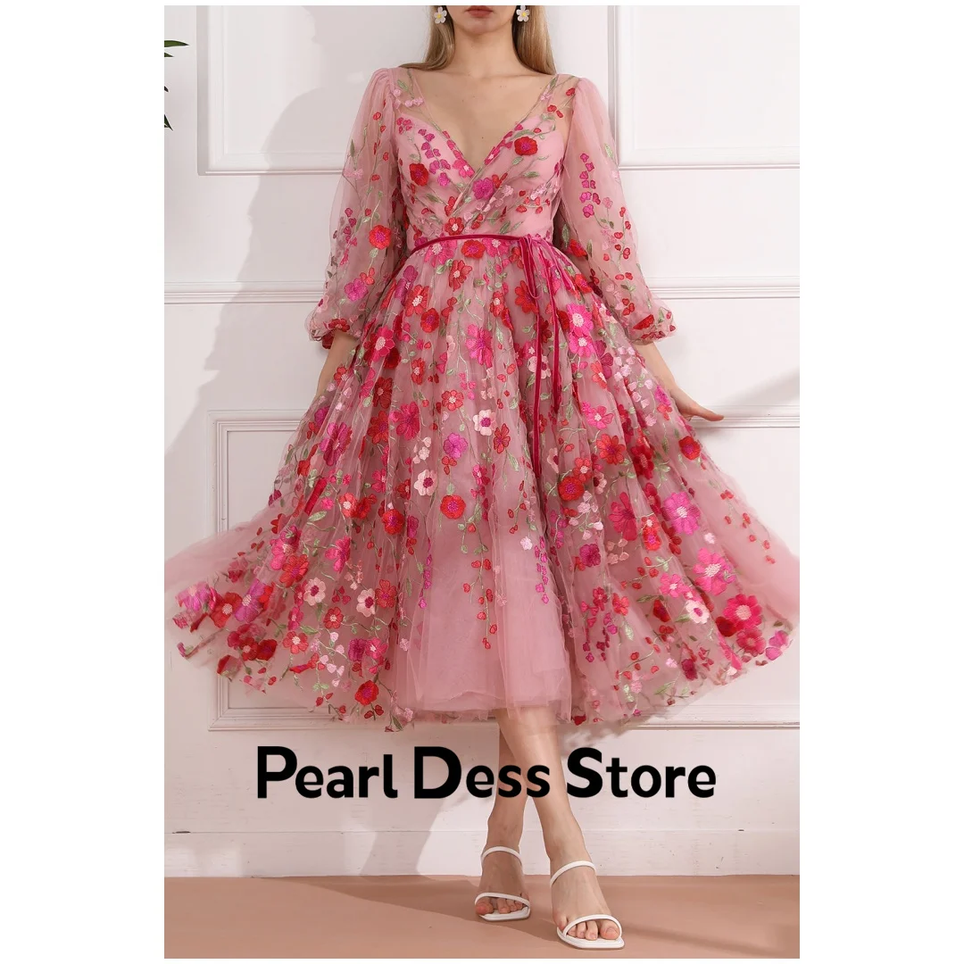 

Pearl V-neck Women's Wedding Evening Dress Women Elegant Party Floral Lace Long Sleeves A Line Tulle 2024 Birthday Luxury Dress