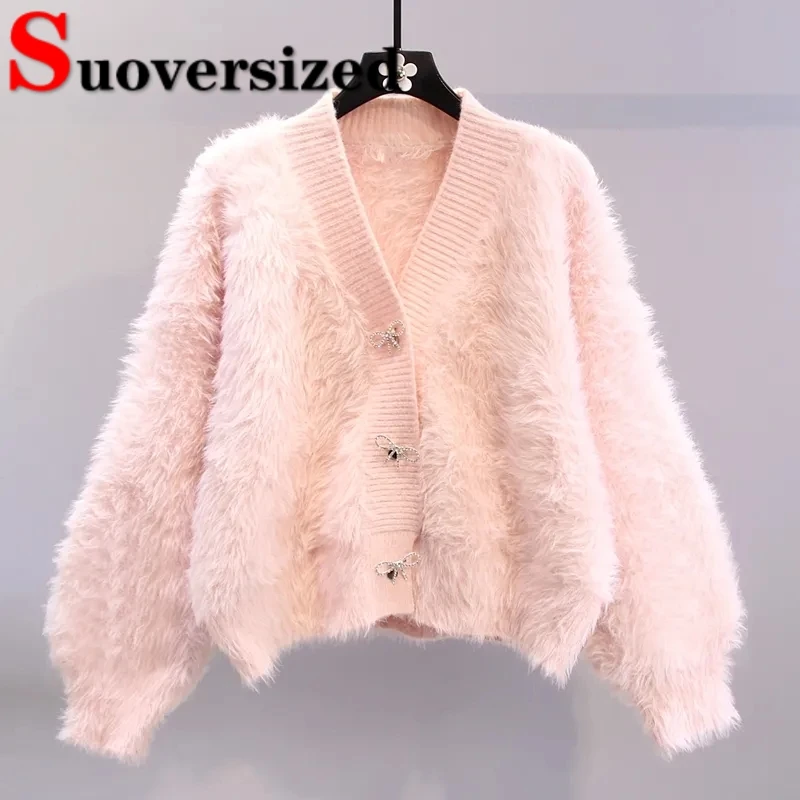 Pink Women Imitation Mink Knitted Cardigan Spring Fall Soft Cropped Tops Korean Bow Loose Sweater V-neck Casual Knitwear Coat