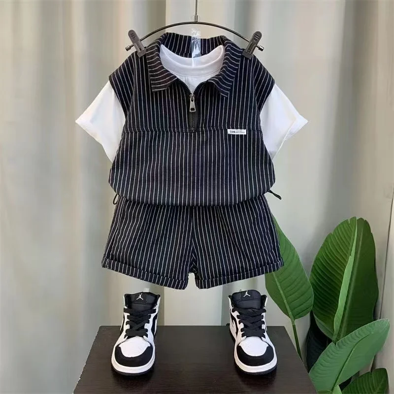 Korean Fashion Striped Short Sleeve Zipper Shirt And Shorts Two Piece Suit Baby Boys Summer Boutique Outfits Kids Sport Clothes