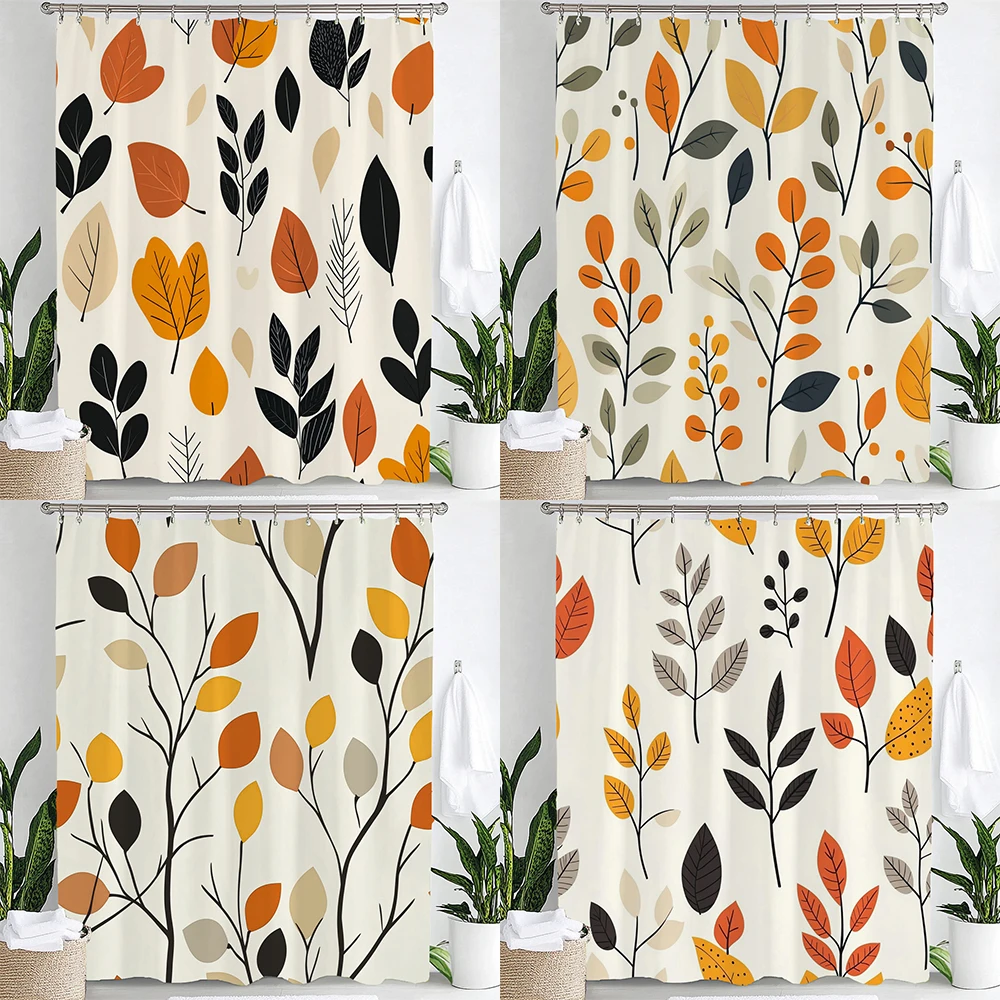 

Nordic Minimalist style Leaves Print Shower Curtain Partition Privacy Hanging Curtain with Hooks Multiple Size Machine Washable