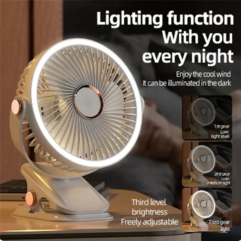 

AB41-USB Rechargeable Fan Dormitory Clip-On Type Portable Mini Desk Fan 360 Degree Rotation Adjustable Fan With LED Light