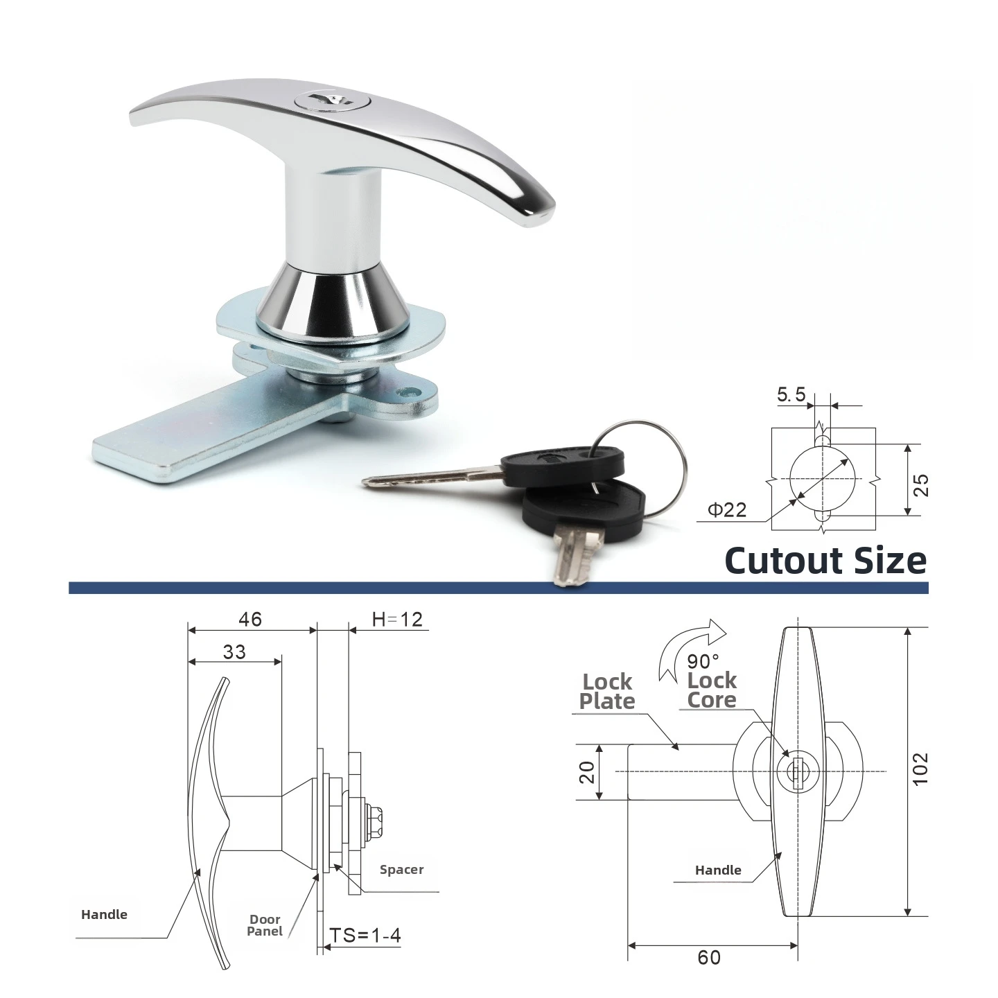 Industrial Zinc Alloy T-Handle Cabinet Lock With Keys, Chrome Finish Door Latch For Electrical Box Toolbox, 102mm, 2-Pack