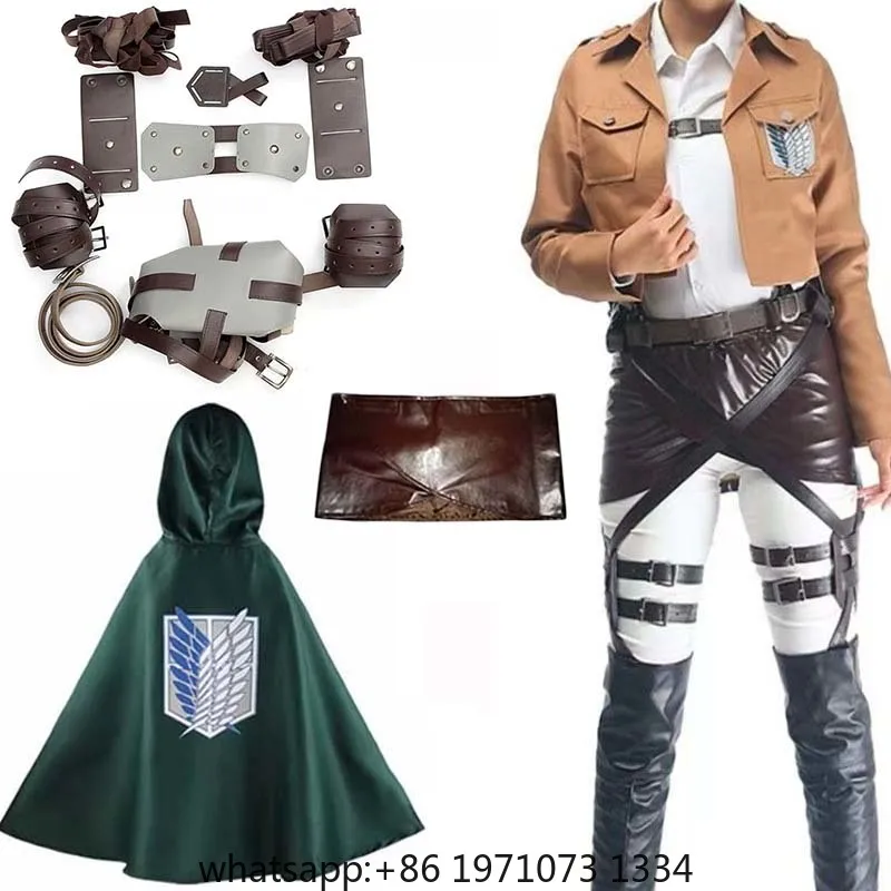 Disfraz de Cosplay de Shingeki No Kyojin, Uniforme del Cuerpo de Investigación, Capa, Cinturón, Gancho, Levi, Mikasa, Eren Jaeger, Conjunto Completo