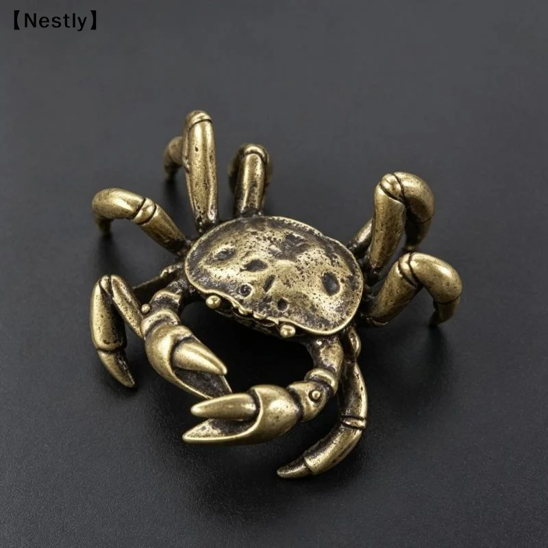 Solid Brass Crab Figurine Vintage Antique Finish Hand Carved Details Perfect For Home Decor Collection Display〔Nest〕