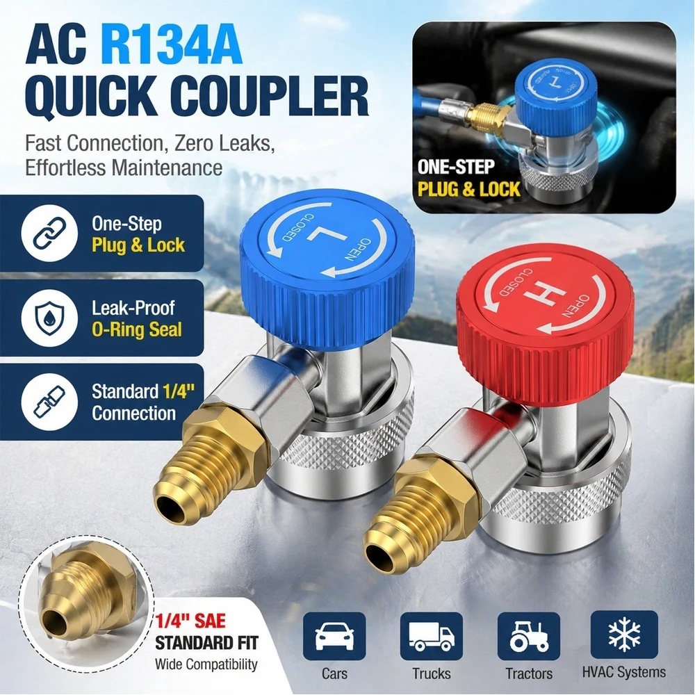 

2pcs R134a Quick Coupler Connector Set High Low Pressure AC Adapter for Car Air Conditioning, 1/4" SAE Flare Leak Proof with O-R