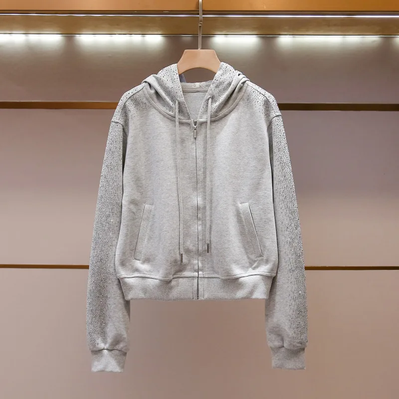 ANJY Women Casual Set High-end Heavy Diamonds Zipper Drawstring Hooded Sweatshirt Tide Elastic Waist Sport Wide Leg Pants A28524