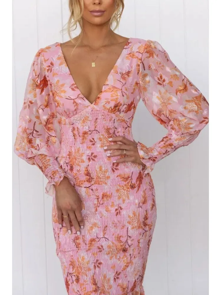 BWQ ボヘミアン花柄ボディコンドレスヴィンテージ V ネックプリーツランタン長袖弾性ウエストミディフリルヒップラップドレス