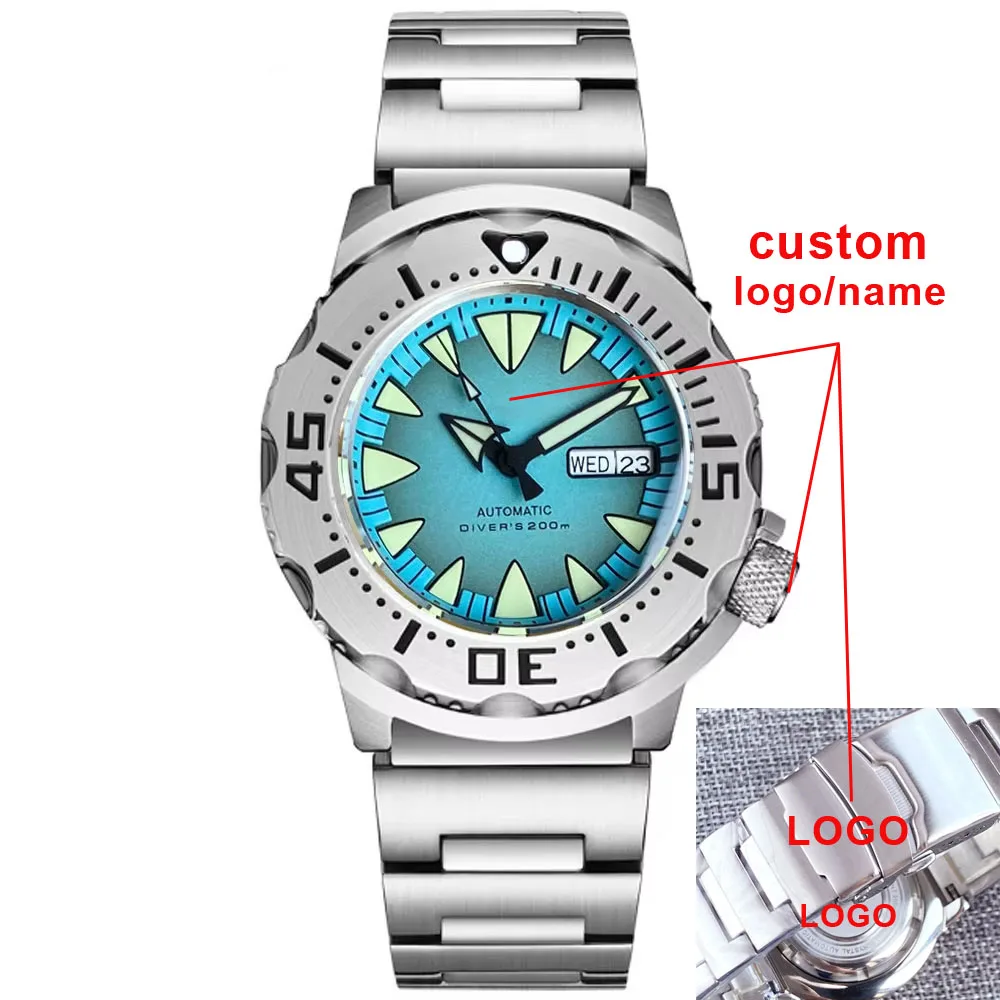 Custom Logo/Name/Text Monster Dive NH36 42mm Mechanical Automatic Men's Watch 20ATM Sapphire Wristwatch Date/Week Green Lume