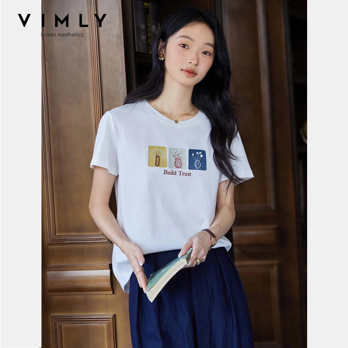 

VIMLY White T-shirt Women's 2025 Summer Casual Letter Embroidery Pattern Round Neck Woman Short Sleeve Top Chemises Femmes A2375