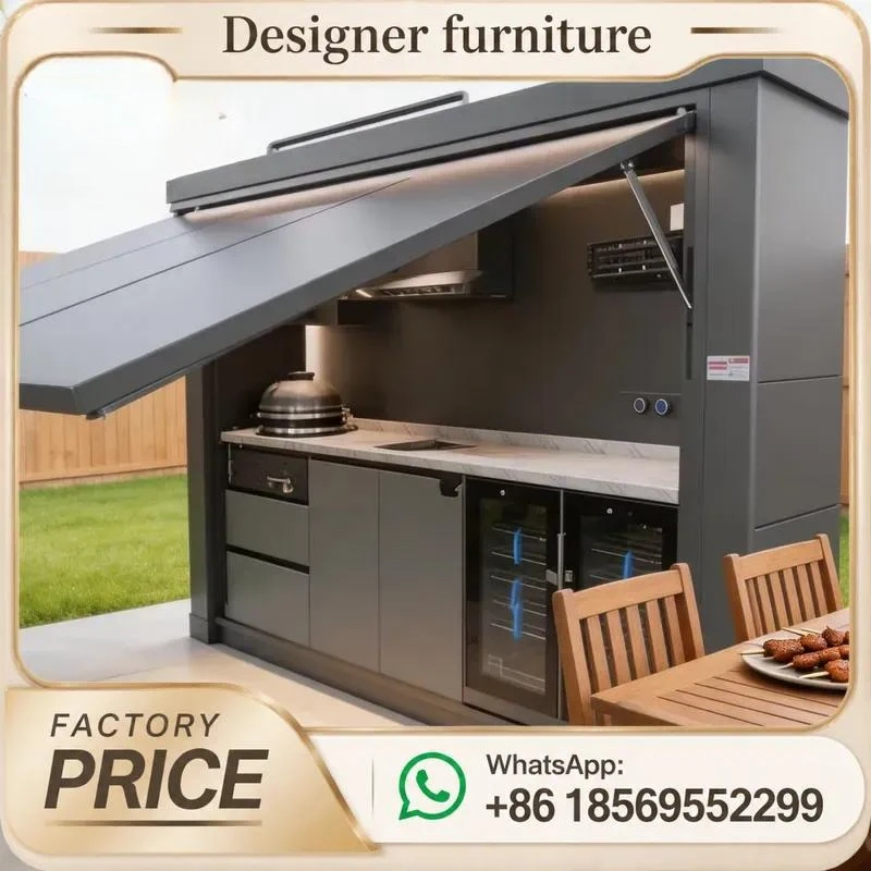 Custom 304 Stainless Steel Electric Lift Canopy Built In BBQ Grill Sink Fridge For Alfresco Kitchen Outdoor Entertaining LED