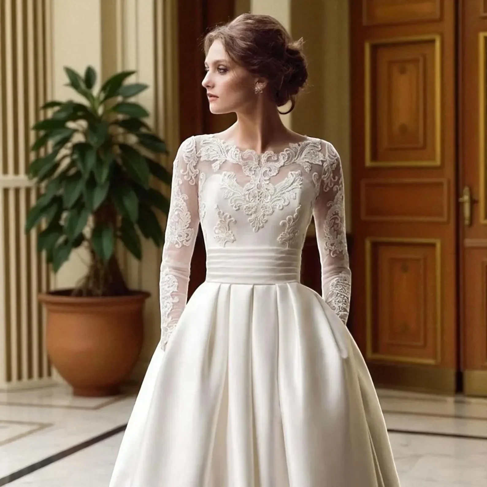 

Customized Women's 2025 White Large Skirt Wedding Dress Long Sleeve Lace Decoration Satin Skirt Fold Back Perspective