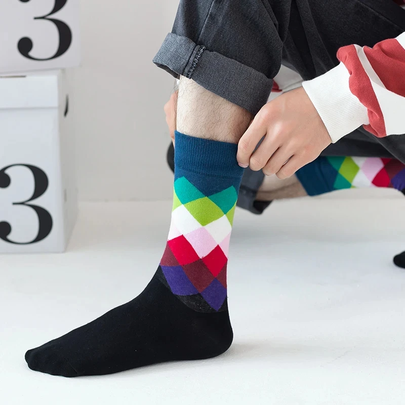 Men\'s Happy Mid length Socks Cotton Diamond Grid Casual Socks Breathable Multi Color Fun Socks Business Men\'s High Quality Socks