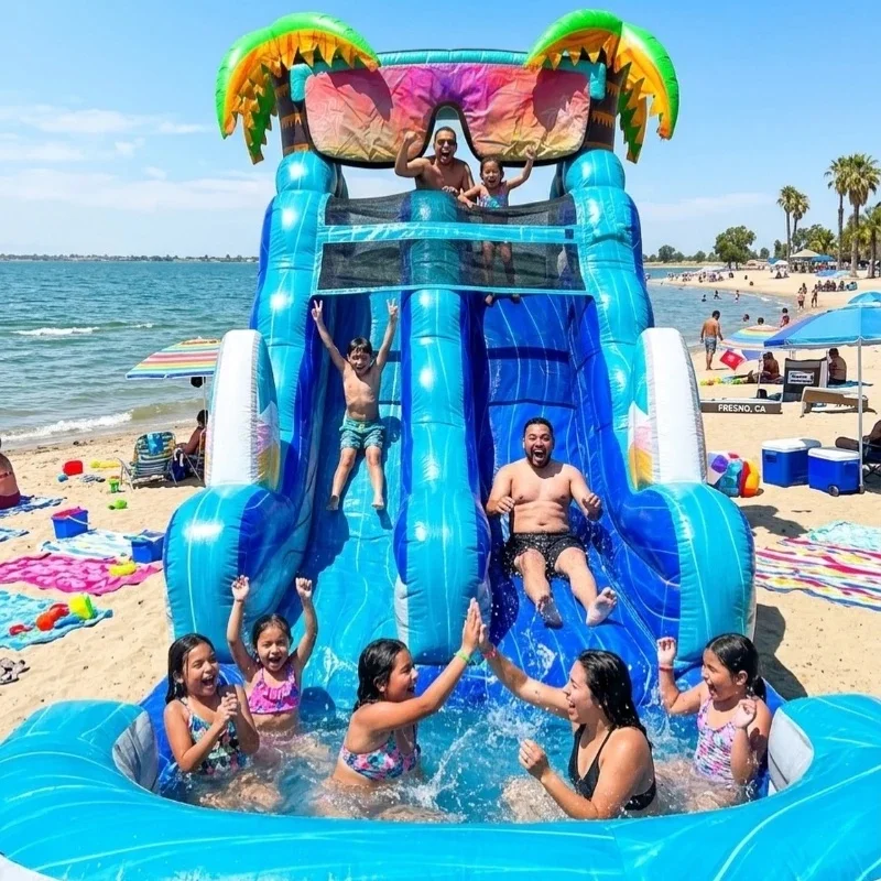 Sunglasses Beach Theme Outdoor Inflatable Water Slide Gonflable Hupfburg Rental Business Inflatable Slides With Pool for Kids