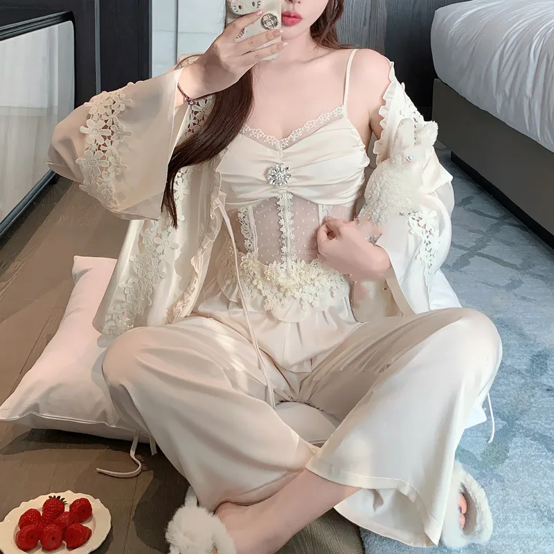 

Female 3PCS Pajamas Set Elegant French Court Style Shirt Sling Pants Sleepwear Autumn Silk Satin Lounge Wewar