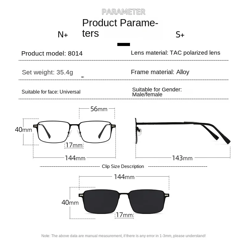 Sunglasses Small Square Stainless Steel Eyeglass Frame Polarizced Clips Magnetic On Glasses Optical Magnet Eyeglasses 3 IN 1