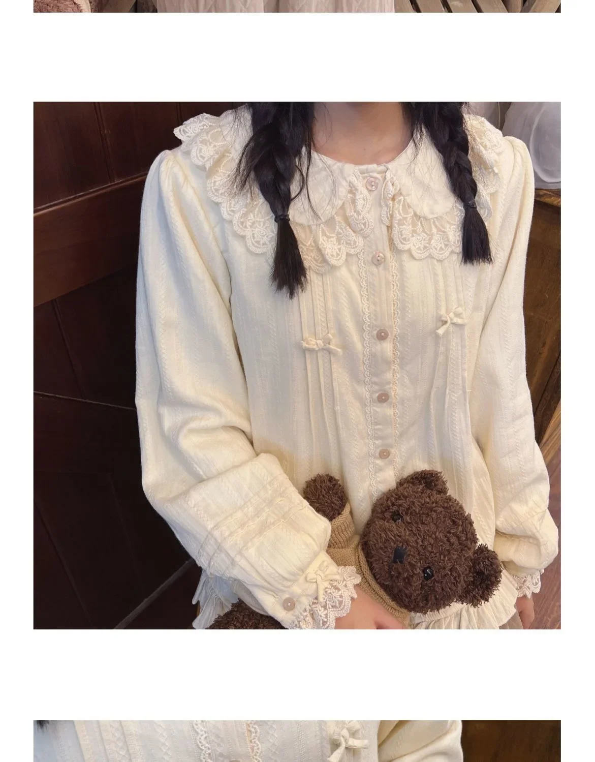 Cream Apricot Lace Doll Collar Shirt Autumn and Winter Fleece-lined Thick Cotton Tops Jacquard Fabric Inner Wear Blouse