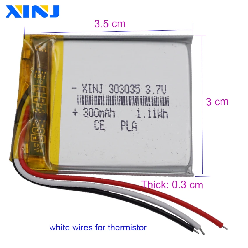 3.7V 300 mAh 1.11Wh 3 Wires Thermistor 303035 Polymer Li Lithium LiPo Rechargeable Battery Ions For Car Camera Bluetooth Device