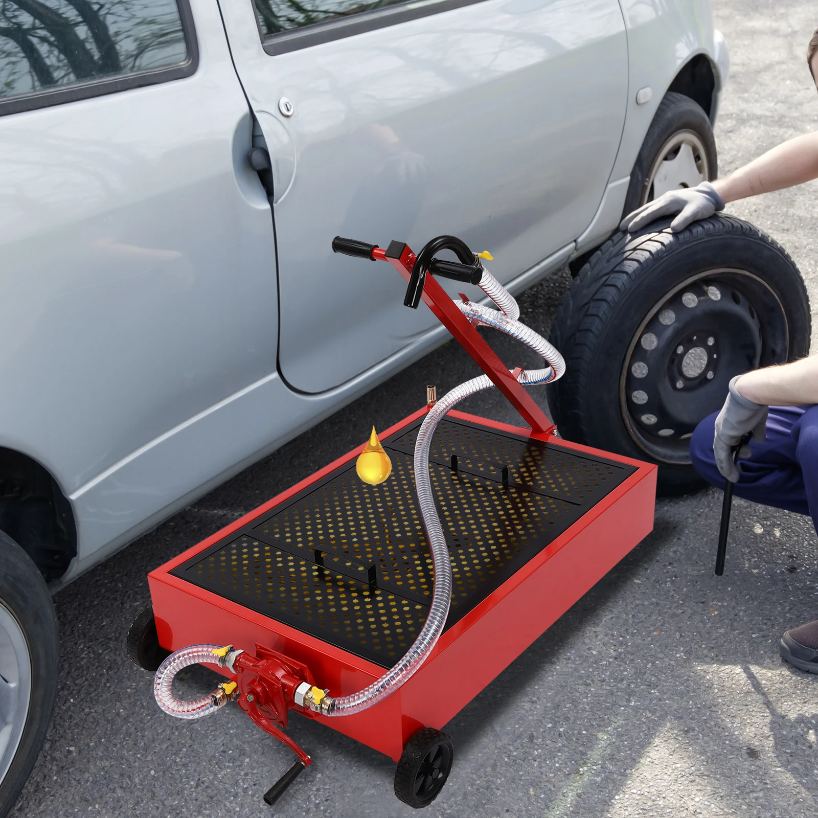 Red Foldable T-Handle 20 Gallon Oil Drain Tank Capacity Oil Change Pan With A Manual Rotary Pump    