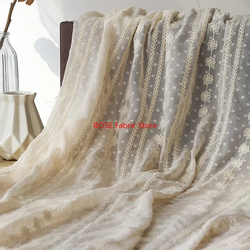 

White beige stripes embroidery chiffon fabric dots jacquard Tulle for Wedding Prom, Cupcake dress, Girls dress, Summer Blouse