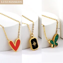 LUXUKISSKIDS Black Red Love Heart Necklaces Butterfly Cute Colorful Shell Charms Colourfast Stainless Steel Couple Friend Choker