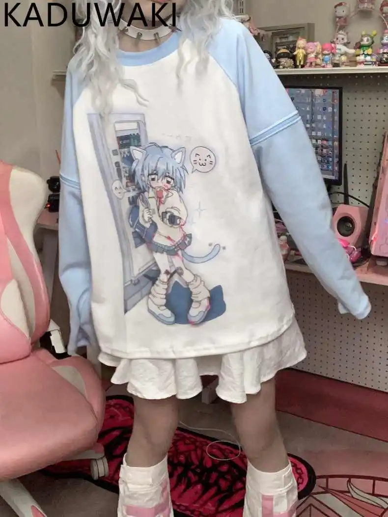 

Япония Kawaii мультфильм принт контрастного цвета съемный топ с длинными рукавами и круглым вырезом свободная повседневная футболка Y2k графическая футболка в стиле Харадзюку