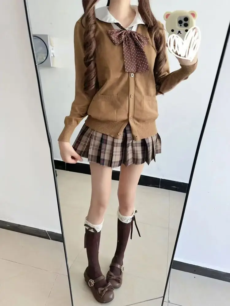 College Style Long Sleeve Knitted Sweater Sugar Roasted Chestnut Design Outerwear Winter Fashion Set Women's  Collar Coat