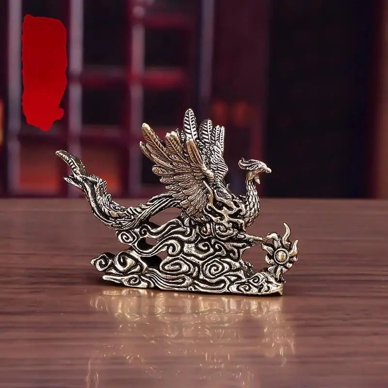 New 1Pcs Phoenix Blessing Display Figurine Pure Brass Desktop Ornaments Small Decorative Item Tea Ceremony Good Luck Craft Gift