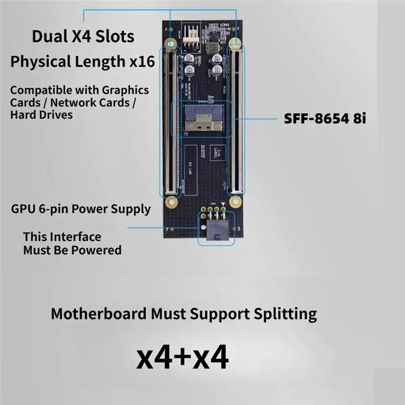 Efficientt-SFF-8654 8I For Network Card Pcie 4.0 X4+ X4 Splitter Adapter Card Dual Pcie X4 Bifurcation Riser With 6Pin Power