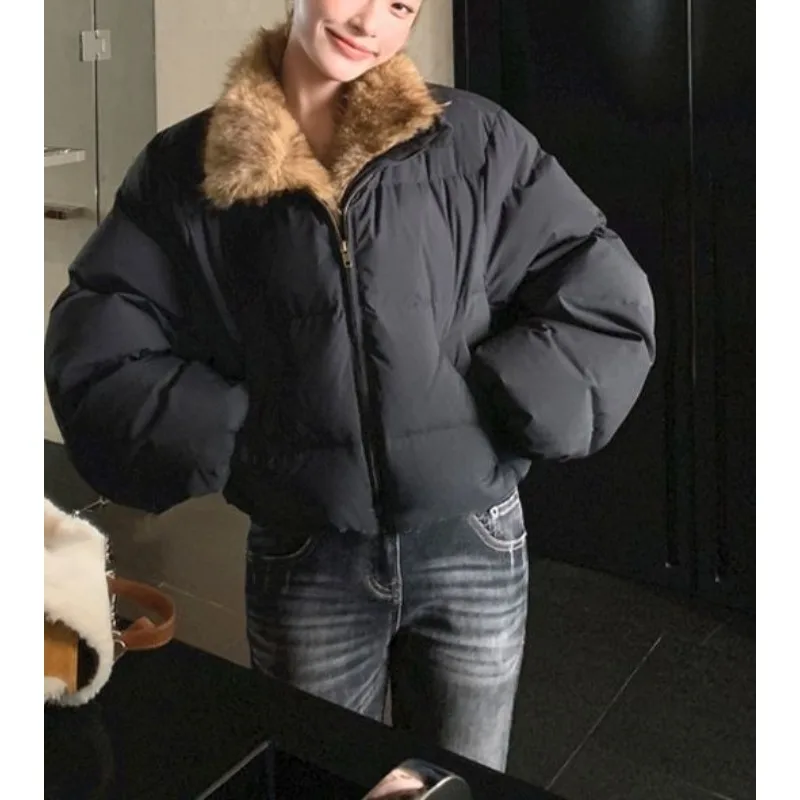 

Women's Winter New Black Lazy Style Large Fur Collar, Cotton-padded, Designed, Niche, Versatile, Short, and Bread-shaped
