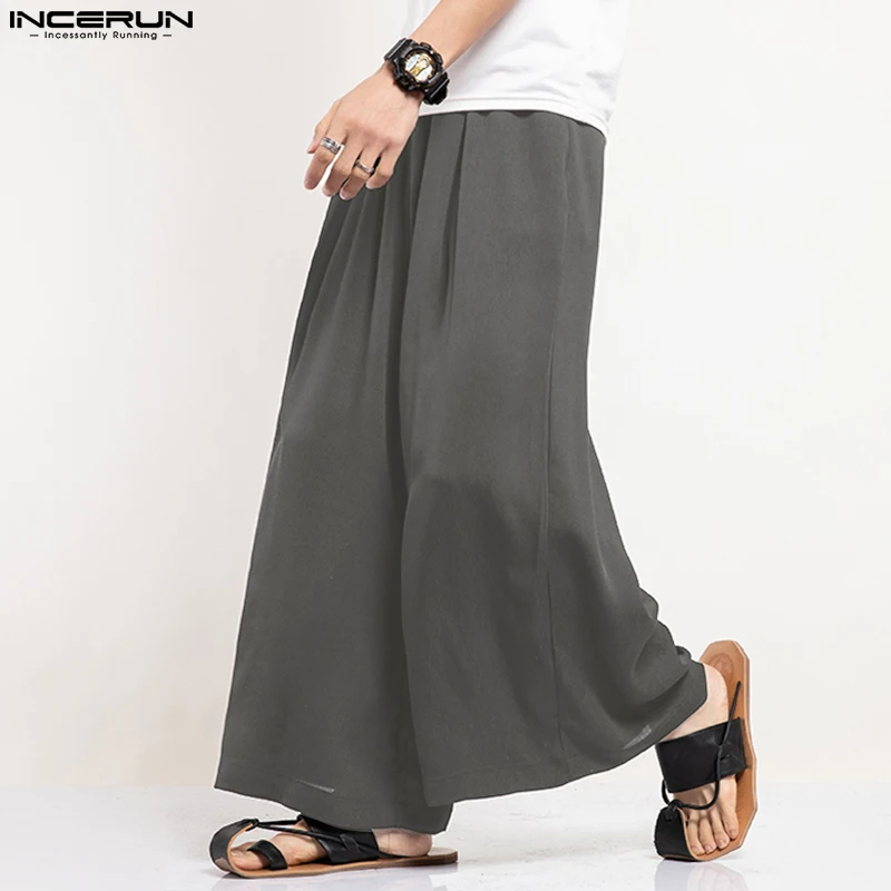 INCERUN Men Wide Leg Pants Solid Color Loose Joggers Elastic Waist Trousers Men Streetwear Vintage 2024 Casual Long Pants S-5XL