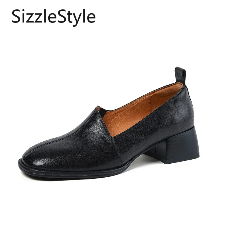 

Fashionable Genuine Leather Square Toe Deep Mouth Comfortable Mid-heel Stitching Slip-on Shoes for Women