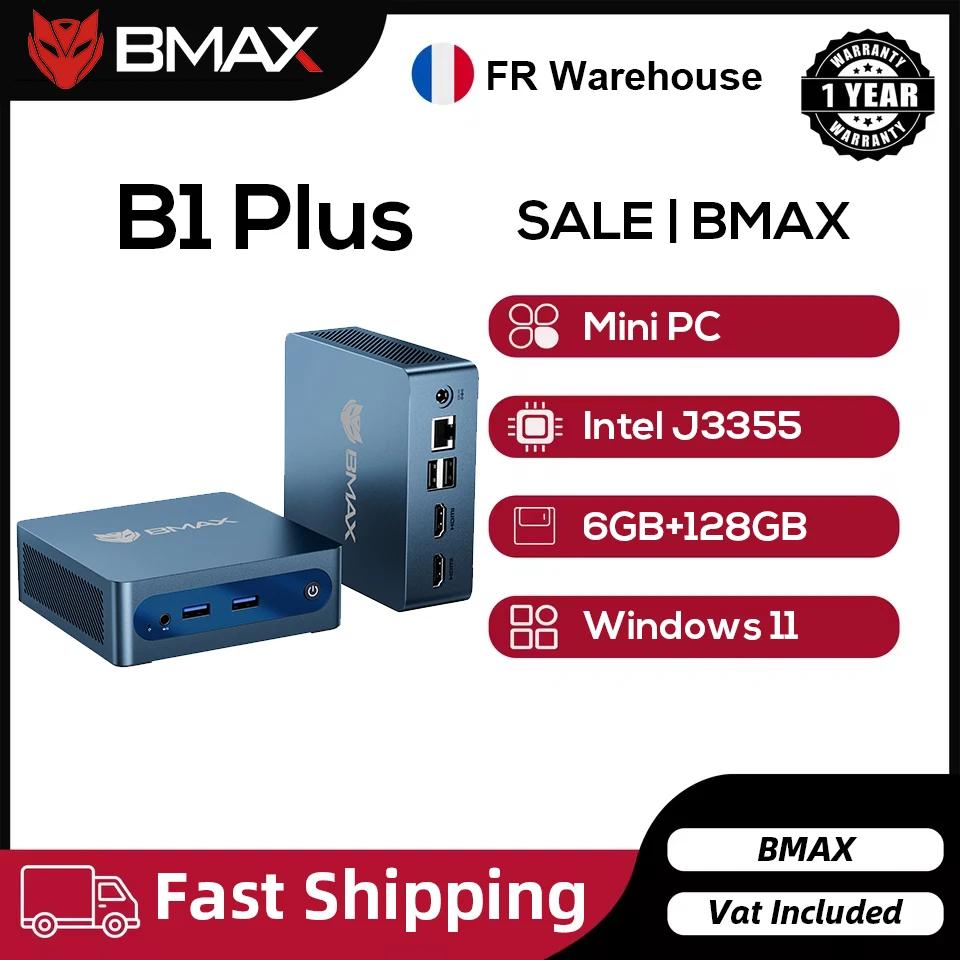 BMAX B1 Plus, pc met Windows 11, Intel J3355-processor, 6 GB RAM, 128 GB opslag, HDMI, USB, Wi-Fi, ondersteunt 4K bij 60 Hz, Intel HD Graphics 500, mini-pc.