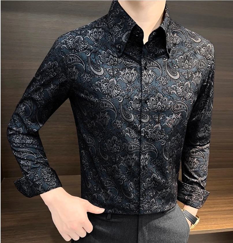 

Мужская рубашка с французским воротником и цветочным принтом, новый стиль 2025 года, элитная и классная рубашка в стиле ретро с цветочным принтом, мужской стиль