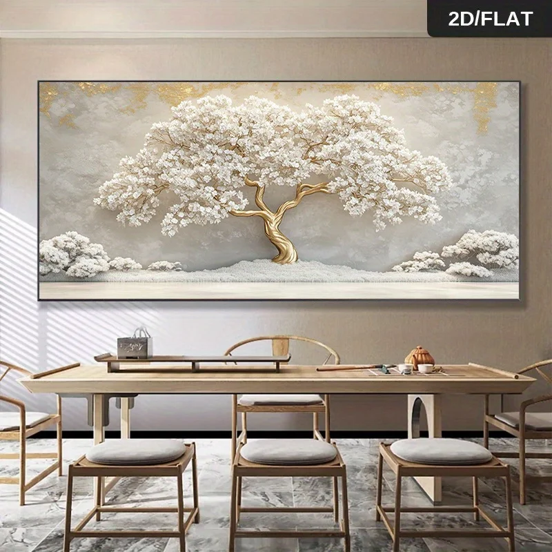 

2D Flat,Abstract Golden Tree Neutral and Golden Canvas Printing,Frameless Simple Luxury Line Painting for Living Room Decoration