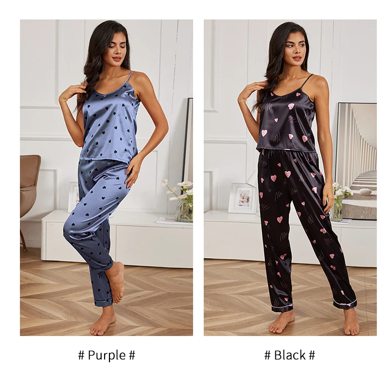 Women\'s Home Clothes Sexy V Neck Pajama Silk Pajamas Set Sleepwear Satin Cami Vest with Trousers Pajamas 2 Piece Sets Loungewear