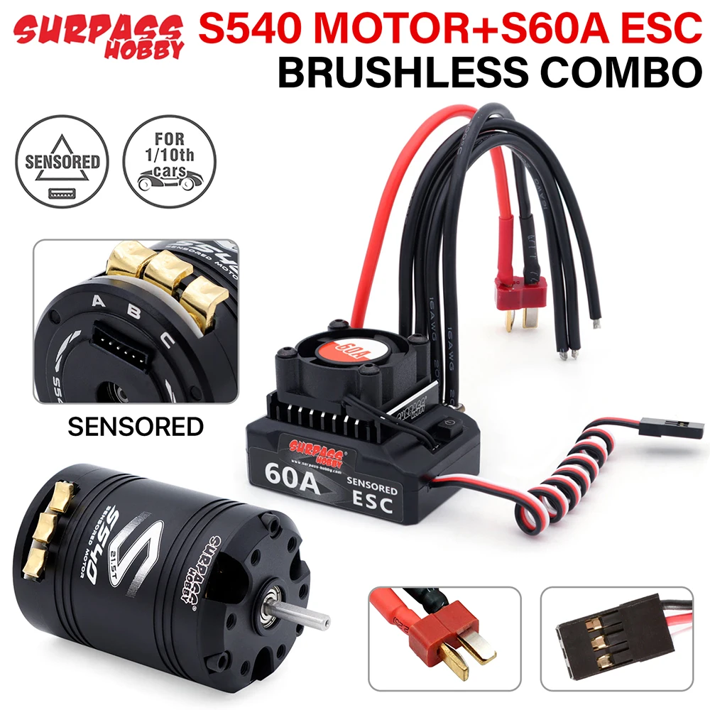 SURPASSHOBBY Brushless Motor ESC Combo Sensored S540 17.5T 21.5T Motor 60A Sensored ESC 32-bit 6V/3A BEC For 1/10 RC Cars